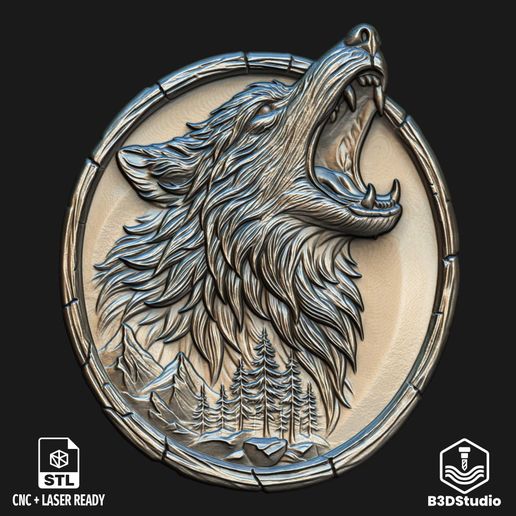 Front.jpg Relieve de lobo para láser CNC e impresión 3D Archivo STL y TIF en escala de grises 4K - Modelo 3D de alto detalle