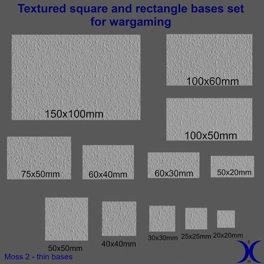 square_bases_set_flat.png 3 in 1 BUNDLE - Moss 2 Textur Basen Set (rund, quadratisch und rechteckig, oval) + dünne Basen | Perfekt für Tabletop Wargames & RPG's