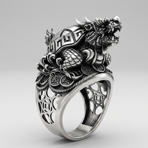 Roaring Dragon on Wealth Coins and Greek Key Heavy Ring