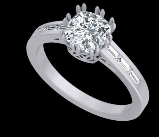 Cushion Solitaire Baguette Accent Ring 3D Model