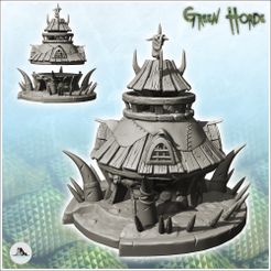 1-PREM.jpg STL file Orc round house with wooden roof and horn decorations (3) - Ork Green Horde Fantasy Beast Chaos Demon Ogre・3D printable model to download