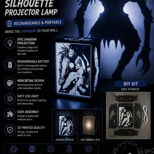 Death Note Ryuk Silhouette Projector Lamp – Rechargeable LED Shadow Lamp | 3D Printable STL