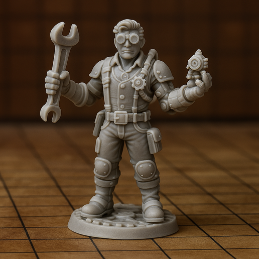 Professor-Gearwright-1.png Professor Gearwright – Steampunk Engineer Miniature with Wrench, 28mm RPG Character 1/70 Scale