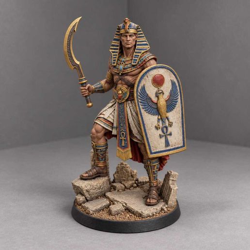 Pharaoh Guardian Warrior STL File, Ancient Egyptian Shield and Curved Blade 3D Figure