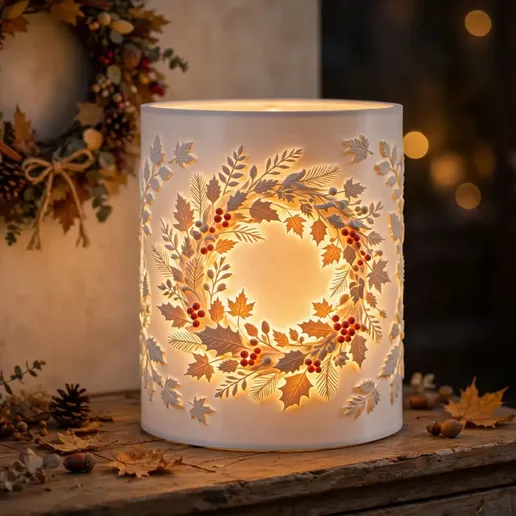 Autumn Wreath Thanksgiving Lithophane Lamp Shade - 3D Printable LED Night Light, Fall Harvest Table Lamp Decor