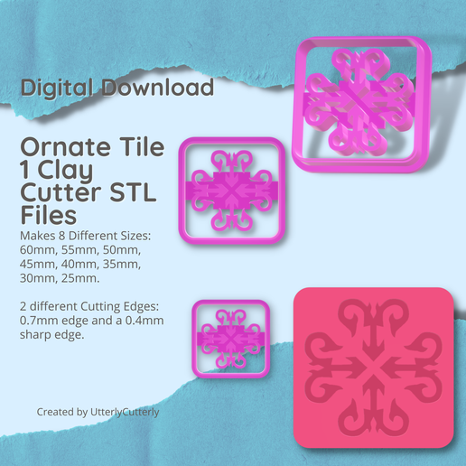 Ornate Tile 1 Clay Cutter - Embossed STL Digital File Download- 8 sizes and 2 Cutter Versions 3D model