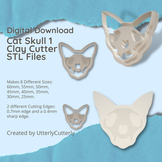 Cat Skull Clay Cutter - Embossed STL Digital File Download- 8 sizes and 2 Cutter Versions 3D model