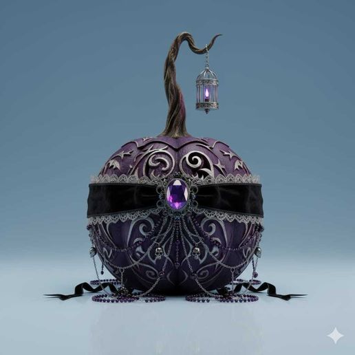 gothic pumpkin with gem, lantern and halloween decoration 3D model