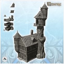1-PREM.jpg STL file Large medieval stone manor with corner tower, large turret and high-level rooms (20) - Medieval Gothic Feudal Old Archaic Saga 28mm 15mm・3D printer model to download