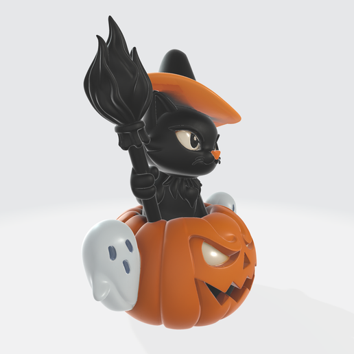 🎃 Halloween Black Cat with Witch Hat on Pumpkin and Ghosts | Cute ...