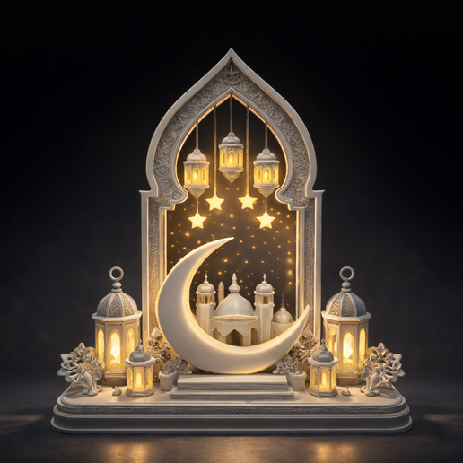 Elegant Ramadan Decor Centerpiece - Mosque, Crescent Moon & Lanterns Display - 3D Printable Islamic Home Decoration
