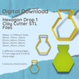 Hexa on Drop 1 Clay Cutter STL Files Makes 12 Different Sizes: 80mm, 75mm, 70mm, 65mm, 60mm, 55mm, 50mm, 45mm, 40mm, 35mm, 30mm, 25mm 2 different Cutting Edges: 0.7mm edge and a 0.4mm Sharp edge. Created by UtterlyCutterly Hexagon Drop Clay Cutter - STL Digital File Download- 12 sizes and 2 Cutter Versions