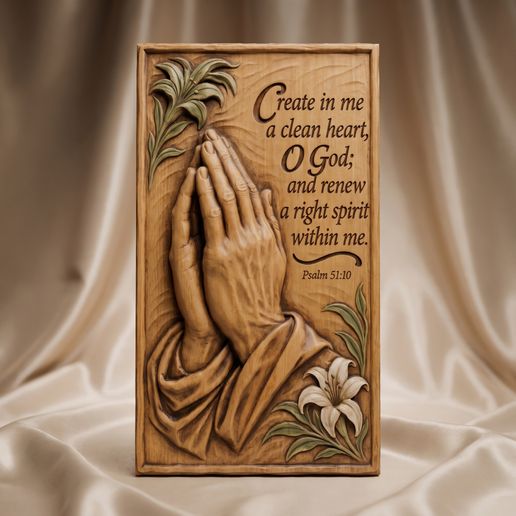Praying Hands & Psalm 51:10 — CNC Bas-Relief STL