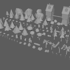 Low_Poly_Normal_Snow_Trees_Pack_Cults3D_Render_01.png STL file Package Trees Trees Rocks Vegetation Video Game Low Poly・3D printer design to download