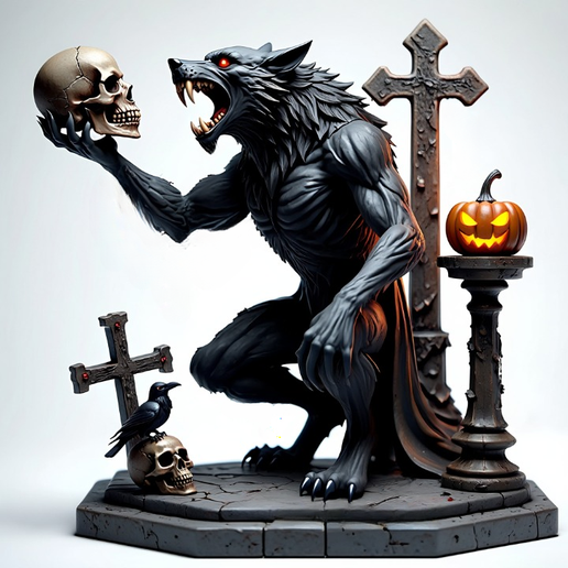 4679  Werewolf with Skull – Minimalist Statue, character, DND, skull, monster, troll, skeleton, fox, minimalist, miniature, figurine, collectible, fantasy, gorgon, decorative, Halloween, serpent, STL, ARTE, 3d models, 3D printing