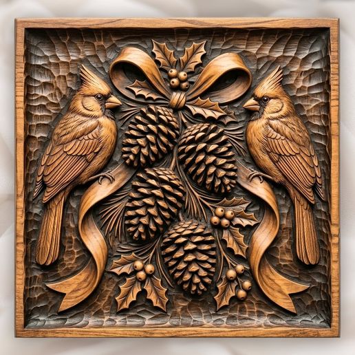 Winter Cardinals Pinecone Branch CNC Relief STL