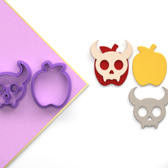 Halloween-Vista-actual.png Digital .STL Polymer Clay Cutter apple skull horns *6 Size 3 Version Cut/File For Use In A 3D Printer