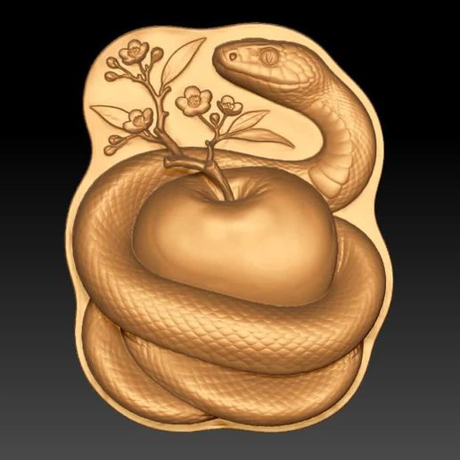 Snake Coiled Around Apple Relief STL | Deep & Shallow Set
