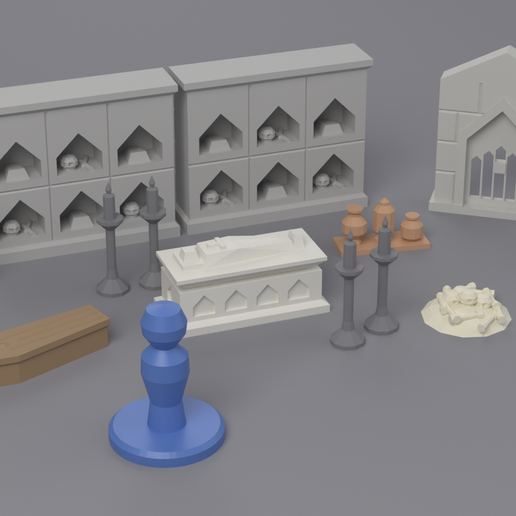 Crypt Set - 9 Pieces for 28 mm Tabletop: Knight's Tomb with Lift-off Effigy Lid, Catacomb Niche Wall, Gate, Coffin - No Supports