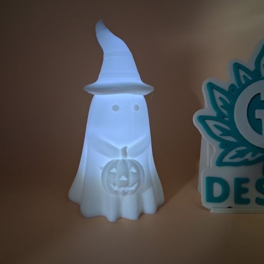 Halloween Ghost With Hat Holding Pumpkin Light