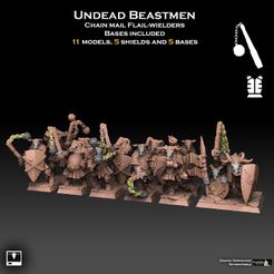 UNDEAD BEASTMEN CHAIN MAIL FLAIL-WIELDERS BASES INCLUDED 11 MODELS, 5 SHIELDS AND 5 BASES a tert Ni aloo. Ro). Sosa) 8-1 al Файл 3D Неживые воины-звероловы с копьем на цепной чеканке・3D-печатный дизайн для загрузки