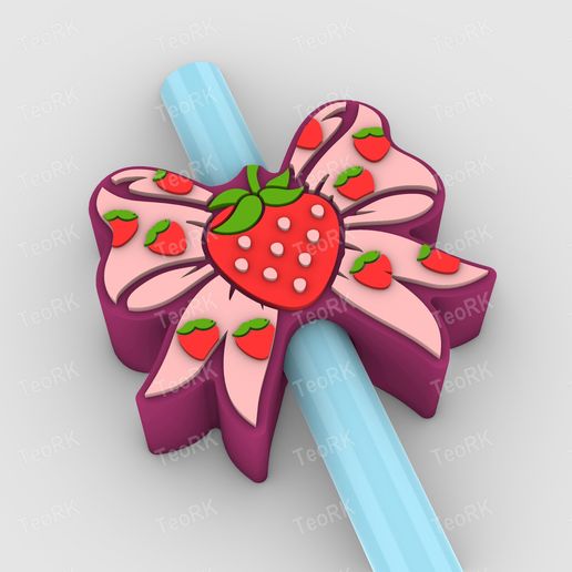Straw Topper strawberry Coquette Bow Fits Standard & Stanley Straws | STL, 3MF pre-painted
