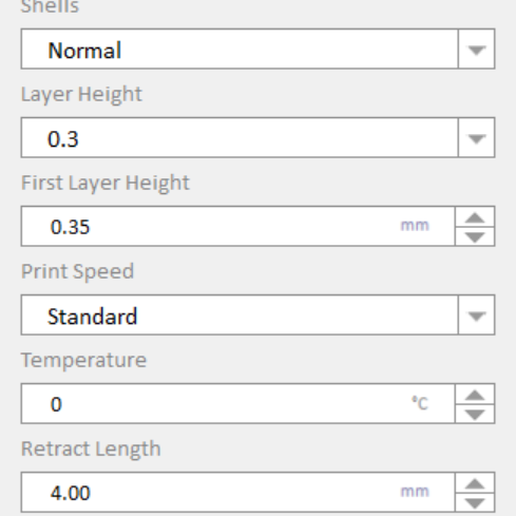 Infill Density Low (10%) v Infill Type Rectilinear v Shells Normal v Layer Height 0.3 v First Layer Height az 0.35 mm +} Print Speed Standard v Temperature 4 ~~ oO c vw Retract Length az 4.00 mm +S Retract Speed 30 mm/s = Detail Threshold 0.040 4\> STL file Homer & Marge simpson 3d paint it your self wall art・3D printable model to download, zignut