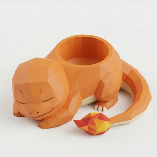 Cute Sleeping CHARMANDER Planter - Low Poly Style - Easy Print STL